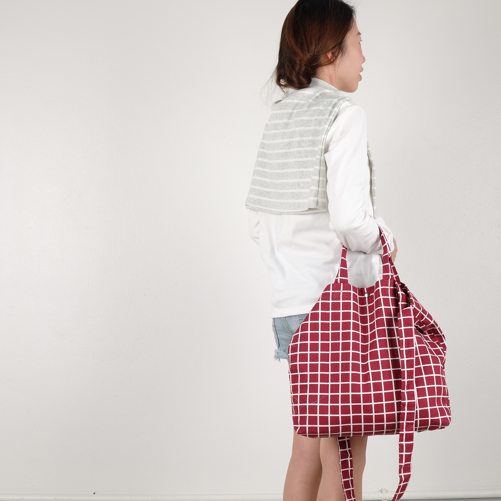 Red Canvas Tote Bag (Checkered) - Messenger Bags & Sling Bags - Cotton & Hemp Red