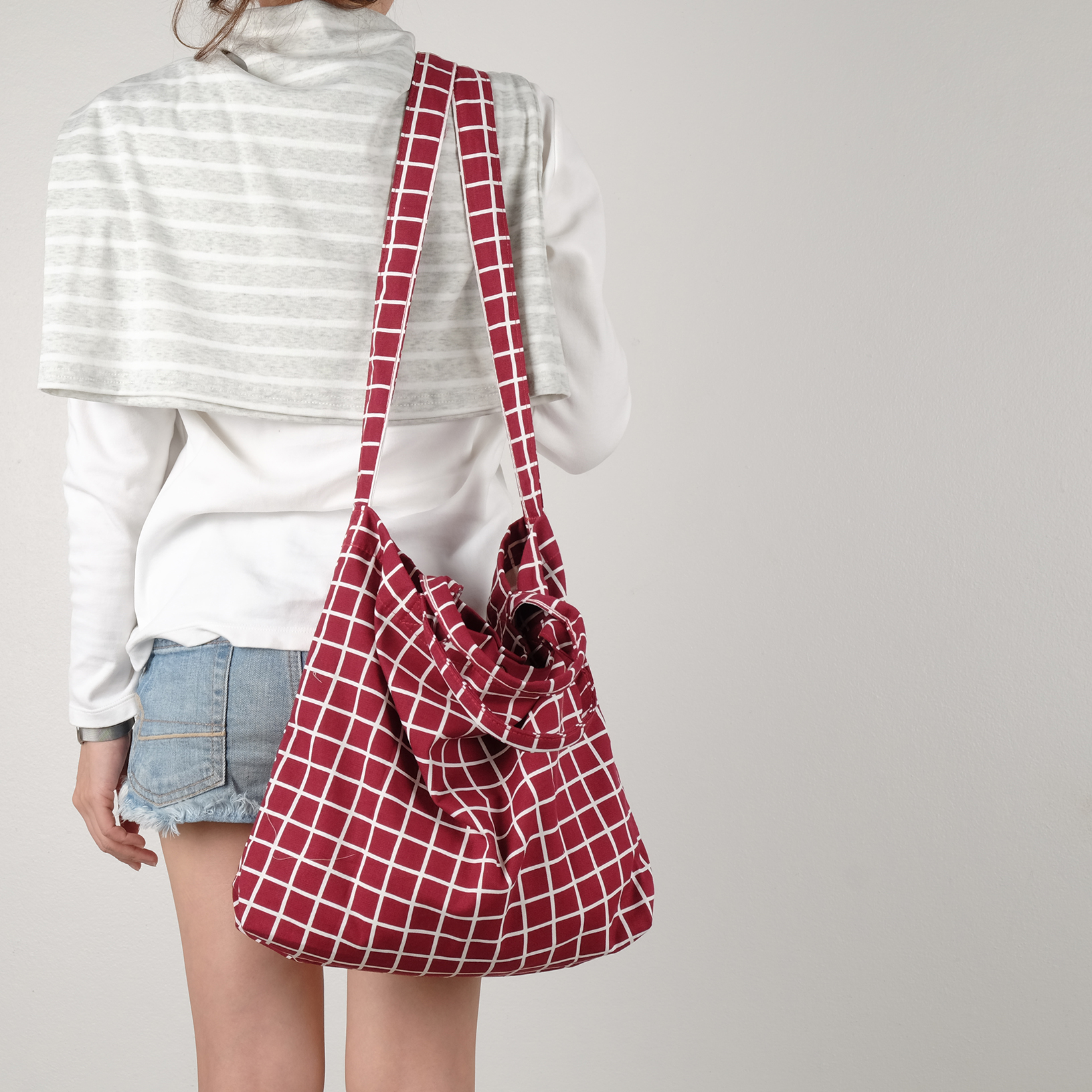 Red Canvas Tote Bag (Checkered) - Messenger Bags & Sling Bags - Cotton & Hemp Red