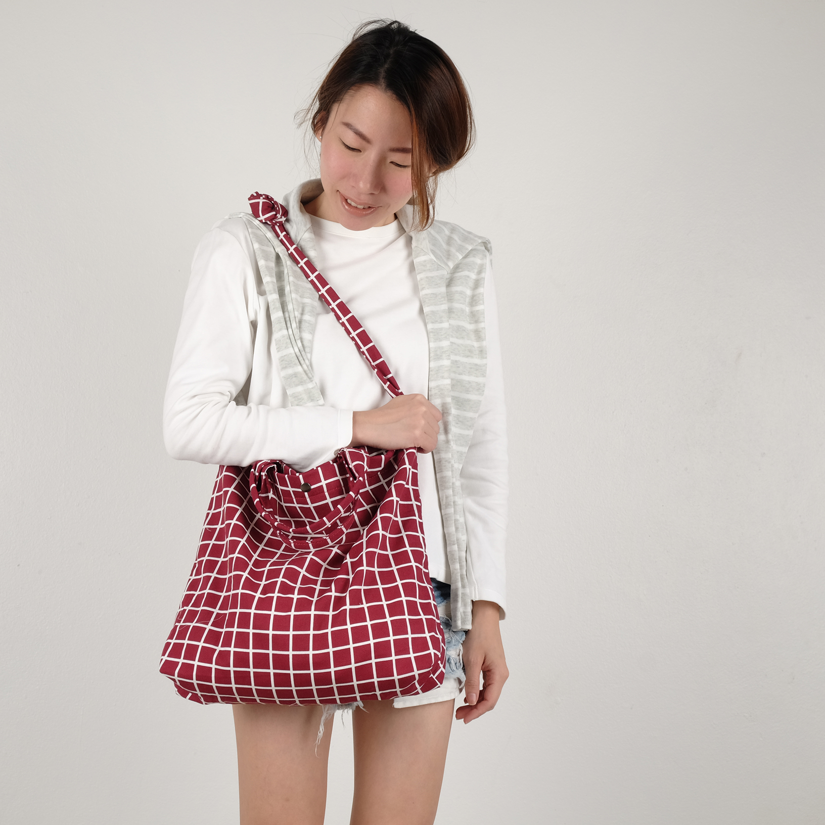 Red Canvas Tote Bag (Checkered) - Messenger Bags & Sling Bags - Cotton & Hemp Red