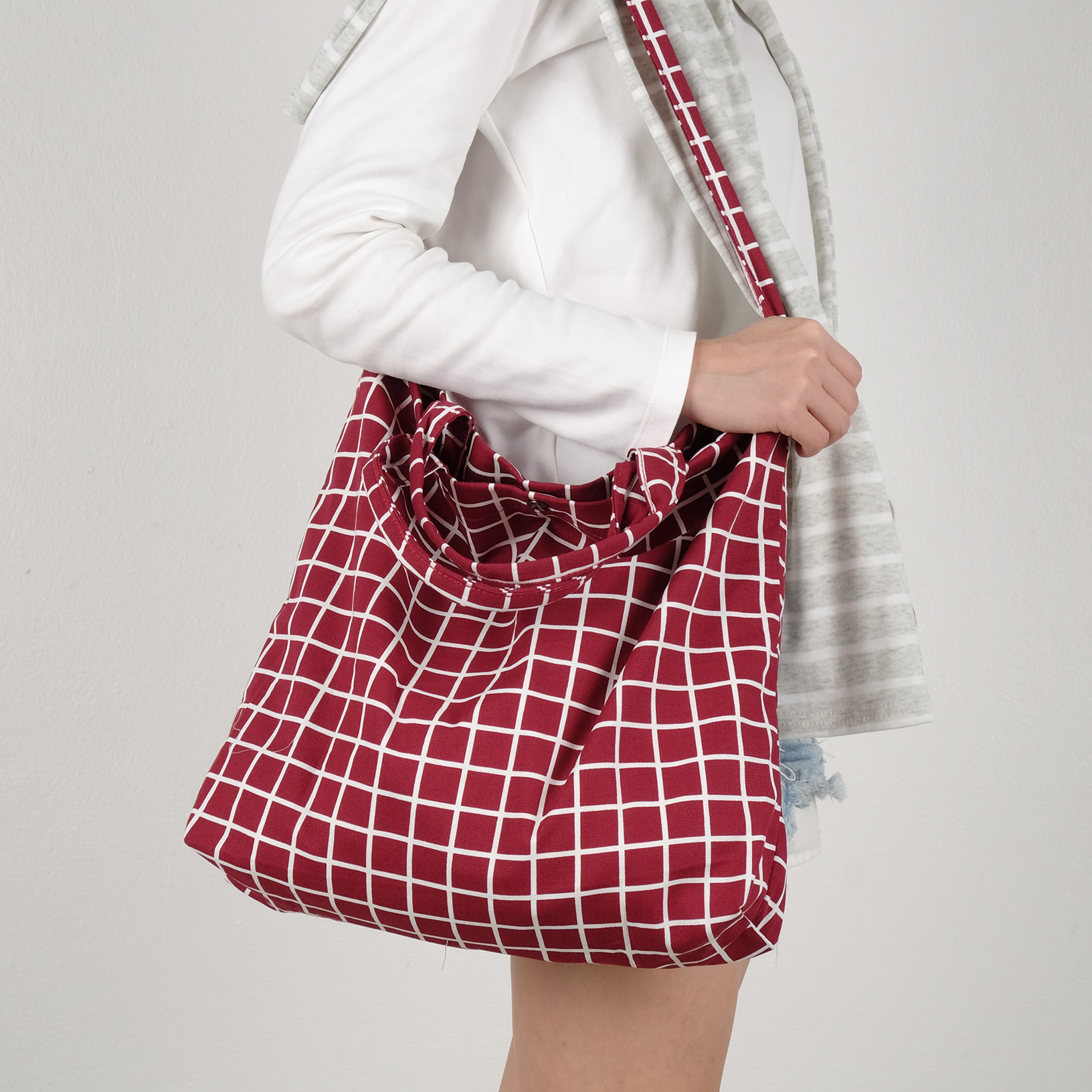 Red Canvas Tote Bag (Checkered) - Messenger Bags & Sling Bags - Cotton & Hemp Red